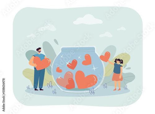 Tiny father and daughter putting big hearts into glass jar. Cartoon man and girl holding hearts as symbol of donation flat vector illustration. Charity concept for banner or landing web page