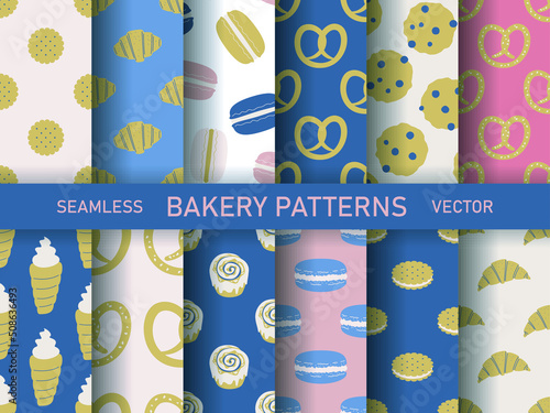 Set of seamless vector bakery patterns. Collection of food repeat backgrounds for fabric, textile, wrapping, cover etc.