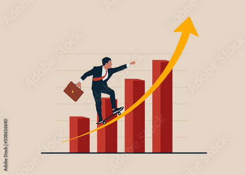 Entrepreneur riding skateboard fast on rising up profit graph diagram. Business growth moving forward, company recover from crisis and accelerate growing up concept.