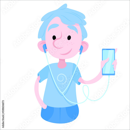 A boy with blue hair holds a phone in his hands and listens to music