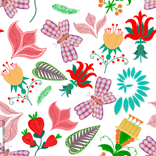 Seamless pattern - tropical plant leaves, decorative flowers and jungle butterfly