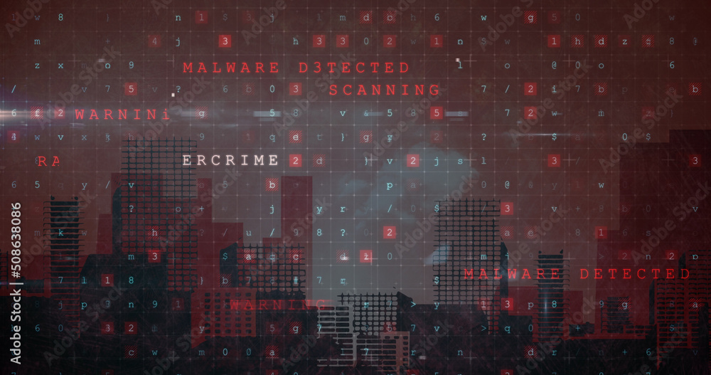Obraz premium Image of cyber attack warning over cityscape on red background