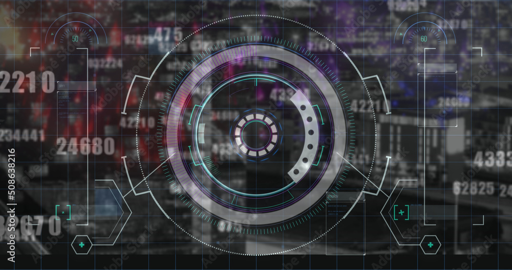 Image of financial data, graphs and processing circle over cityscape