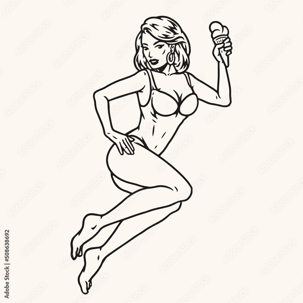 Fototapeta premium Sunbathes woman vintage monochrome sketch