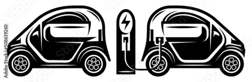 Parked two electric cars at the charging station. Vector monochrome illustration. Element, template for design