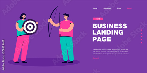 Cartoon archer with bow and arrow and woman holding target. Man training with weapon for competition flat vector illustration. Archery, sports concept for banner, website design or landing page