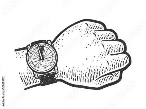 Sundial wrist watch sketch engraving vector illustration. T-shirt apparel print design. Scratch board imitation. Black and white hand drawn image.