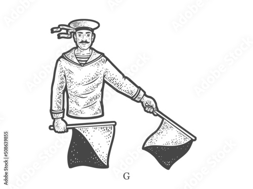Sailor mariner show flag semaphore alphabet letter G sketch engraving vector illustration. T-shirt apparel print design. Scratch board imitation. Black and white hand drawn image.