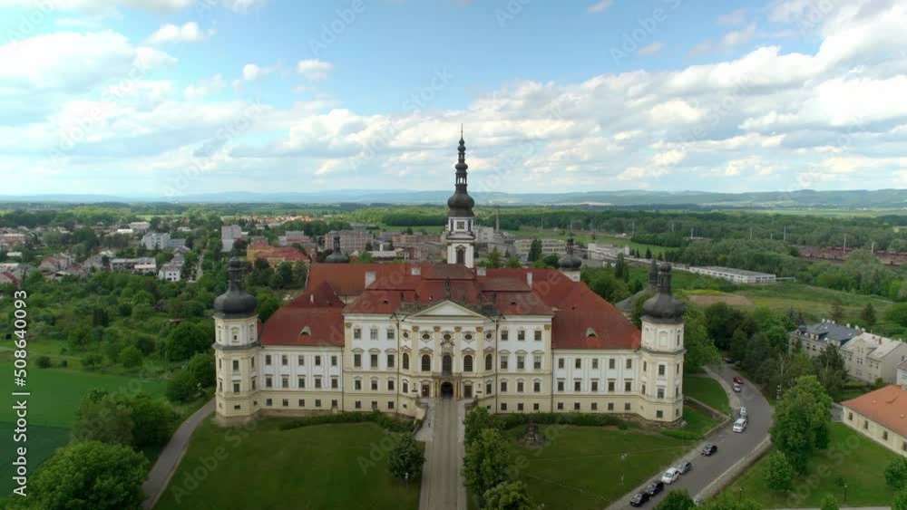Klášterní Hradisko Military Hospital in Olomouc, the road leading to the gate, horizon with clouds and blue sky. Aerial view. Czech Republic Klášterní Hradisko Military Hospital in Olomouc, the road leading to the gate, horizon with clouds and blue sky. Aerial view. Czech Republic