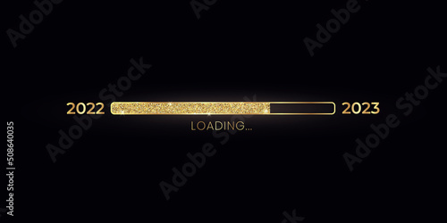 2023 New Year gold progress bar. Golden loading bar with glitter particles on black background for Christmas greeting card. Design template for holiday party invitation. Concept of festive banner