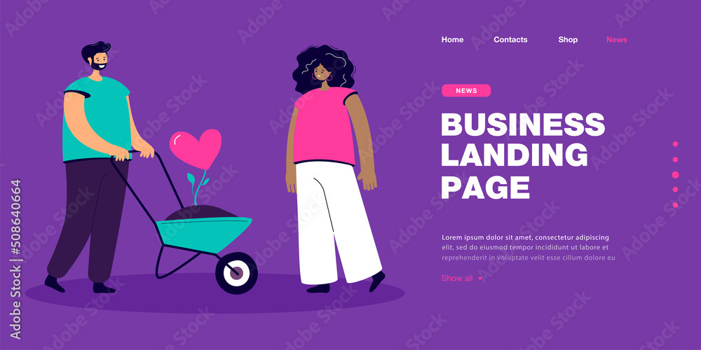 Happy cartoon couple with growing heart flower in wheelbarrow. Man confessing feeling to woman flat vector illustration. Love, romance, gardening concept for banner, website design or landing web page