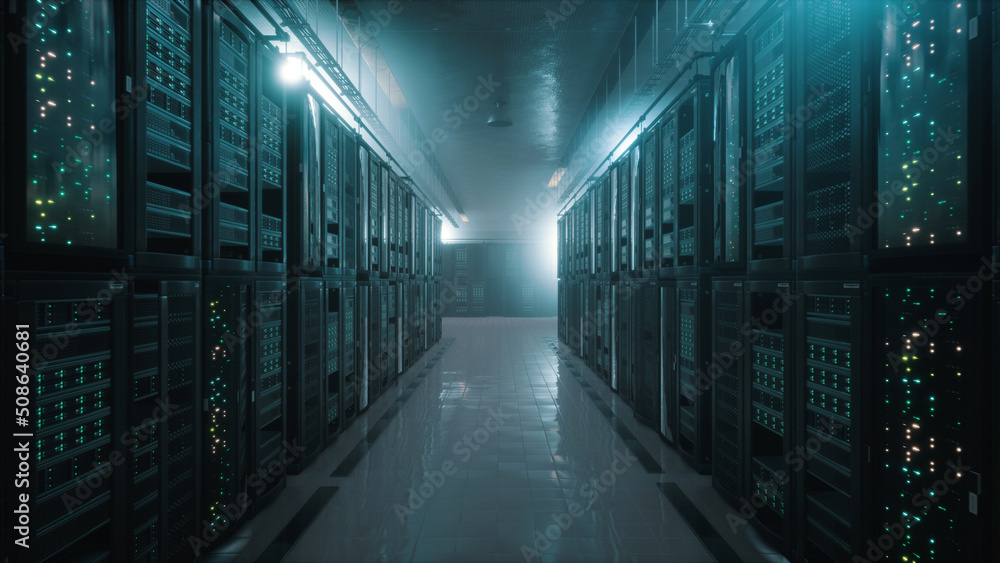 3D render of low-lit server room. Large racks with servers. Big data and remote cloud computing concept 3D render of low-lit server room. Large racks with servers. Big data and remote cloud computing concept