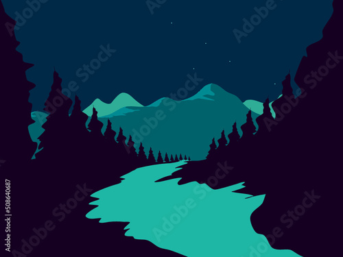 Cosmic night time mountain scene and river in a neon retro style