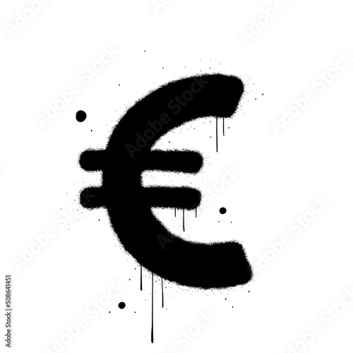 Vector illustration. Euro symbol is on white background. Urban street graffiti style. Splash effects, drops, leaks. Grunge wall art. Concept for economy, finance, currency, exchange.