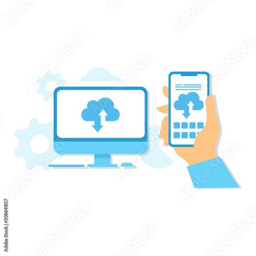 cloud computing concept, data center, file management, cloud storage. hand holding phone flat illustration vector © Александра Симкина