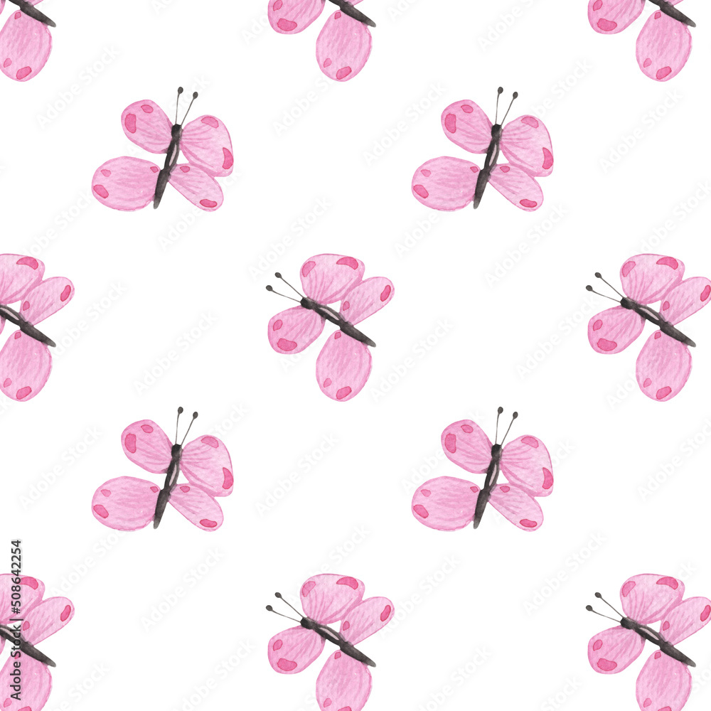 Obraz premium Cute butterflies hand drawn watercolor seamless pattern Animal design raster texture. Colorful, bright illustration on a white background. Beautiful pastel creature wallpaper design