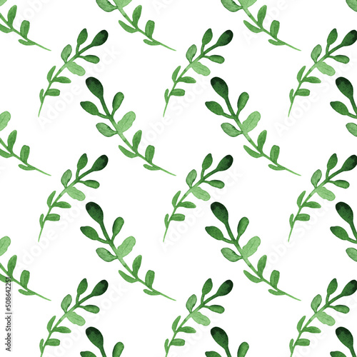 Seamless background with green leaves pattern in vintage watercolor style.