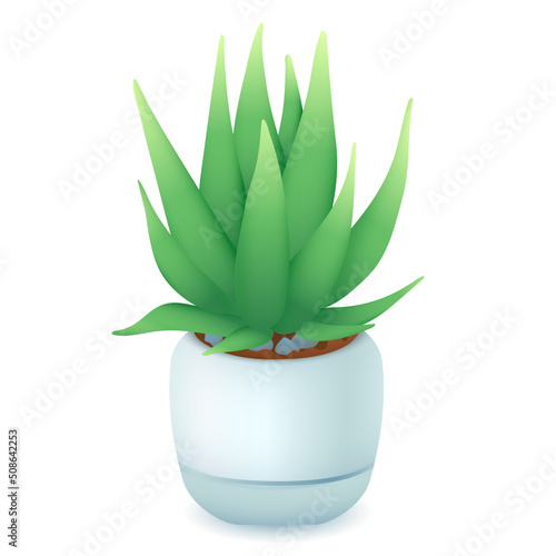 3d cartoon style aloe in pot icon on white background. Green houseplant in flower pot flat vector illustration. Gardening, nature, foliage, growth, ecology concept