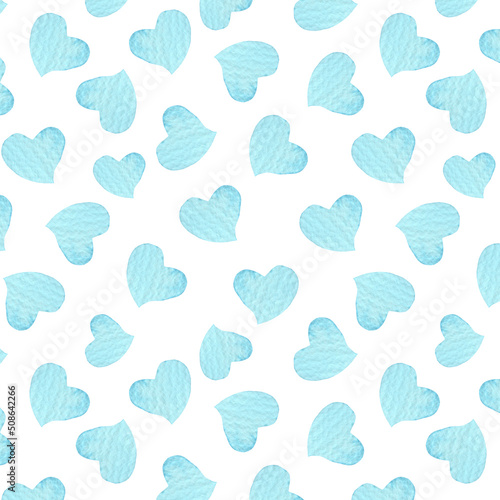 Background with hand drawn watercolor heart. Hand painted pattern. Romantic ornament for Valentine's Day. Ink illustration. Isolated on white background. Blue sky heart pattern.