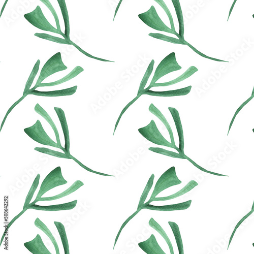 Watercolor pattern with branches on a white background. Foliage, greenery, eucalyptus leaves. For textiles, wallpaper, invitations, greetings.