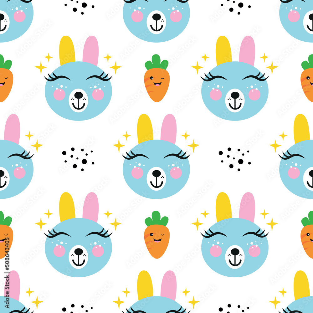 Fototapeta premium seamless pattern with cute bunny, textile fabric pattern print, wrapping paper, book cover, face mask, pajamas and bedding pattern for kids illustration