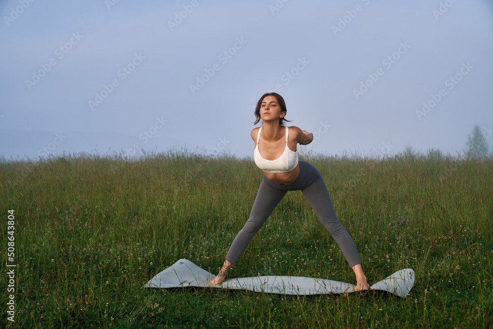 Active young woman in sport clothes enjoying morning workout among green nature. Regular workout on fresh air. Concept of healthy lifestyles. Active young woman in sport clothes enjoying morning workout among green nature. Regular workout on fresh air. Concept of healthy lifestyles.