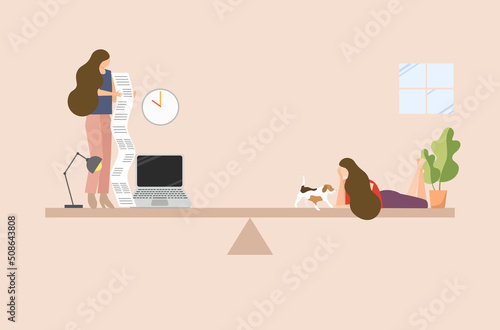 Flat design of work life balance concept, busy business woman is working, a woman is playing with dog at home, work life balance of business woman vector, a woman’s lifestyle vector.