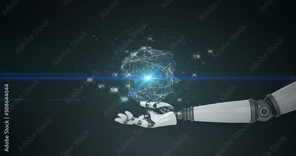 Image of network of processing data over hand of robot arm, with blue light on black background