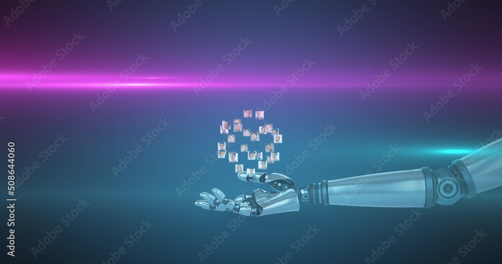 Image of growing network of people over hand of robot arm, with pink light on dark background