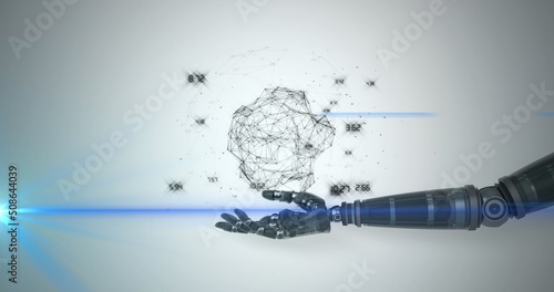 Image of network of processing data over hand of robot arm, with blue light on grey background