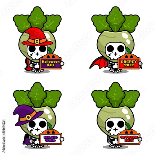 Halloween pumpkin party design sale board, vegetable skull costume vector illustration