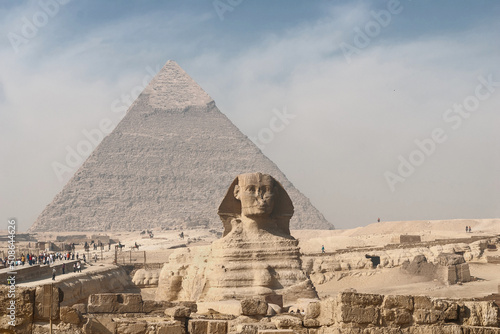 The Great Sphinx of Giza. Great Sphinx on a background of pyramids.