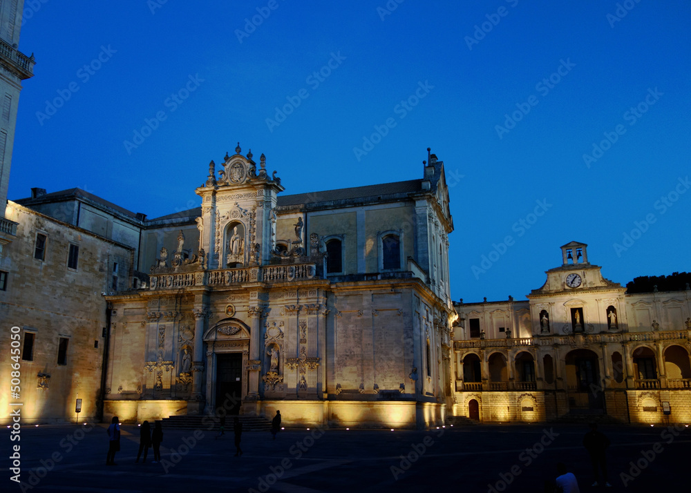 An evocative night shot of the beautiful Gothic cathedral in the Baroque town of Lecce in Southern Italy An evocative night shot of the beautiful Gothic cathedral in the Baroque town of Lecce in Southern Italy