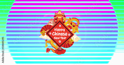 Image of happy new year text over chinese decorations