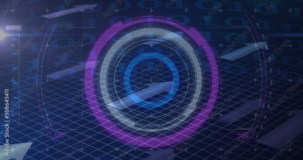Obraz premium Digital image of purple round scanner against binary coding data processing on blue background