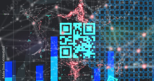 Image of blue QR code over red web of connection, blue graph 