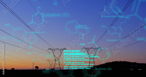 Chemical structures with program codes and a background of transmission towers