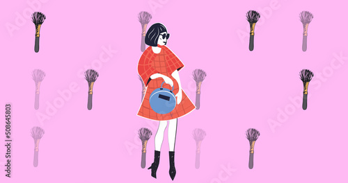 Image of brush icons and model over pink background