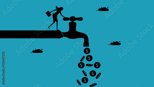 generate cash flow Business woman opens the tap with money flowing out. silhouette vector illustration business concept eps