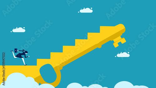  Decode and succeed. A business woman travels up the stairs of keys. business concept vector illustration eps