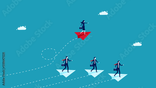Different leaders. A business woman travels in a red paper plane. business concept vector illustration eps
