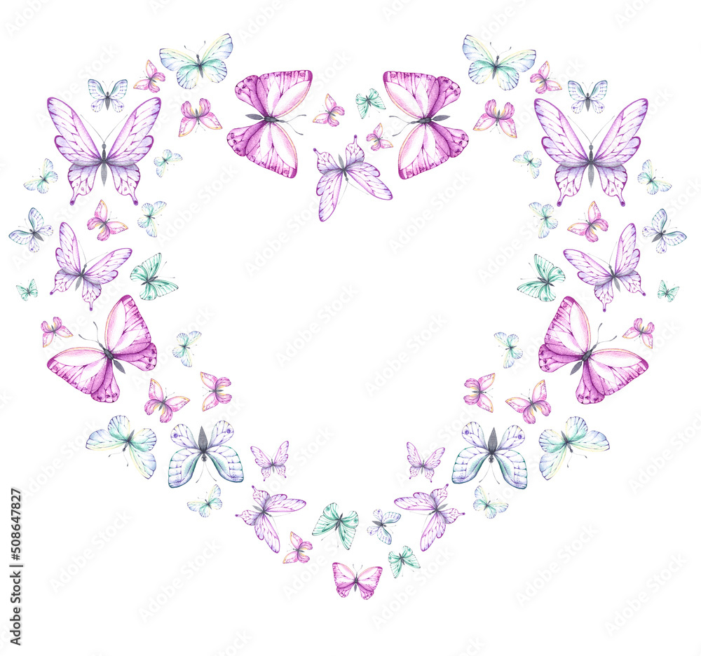 Heart wreath made of watercolor butterflies