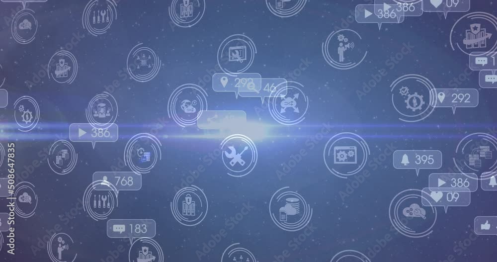 Animation of technology icons and social media reactions moving on blue background Animation of technology icons and social media reactions moving on blue background