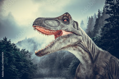 Dinosaur on the background of a gloomy forest. © Denis Rozhnovsky