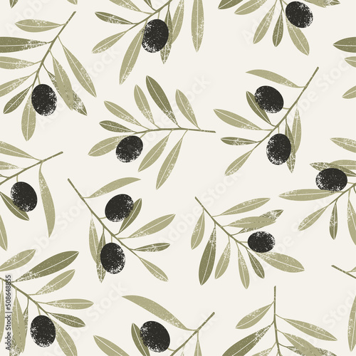Olive branches and leaves seamless pattern. Olive tree botanical background. Vector illustration