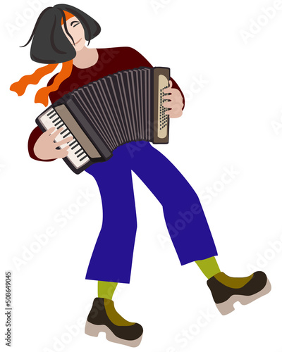 Vector bright illustration of accordionist isolated on white background.