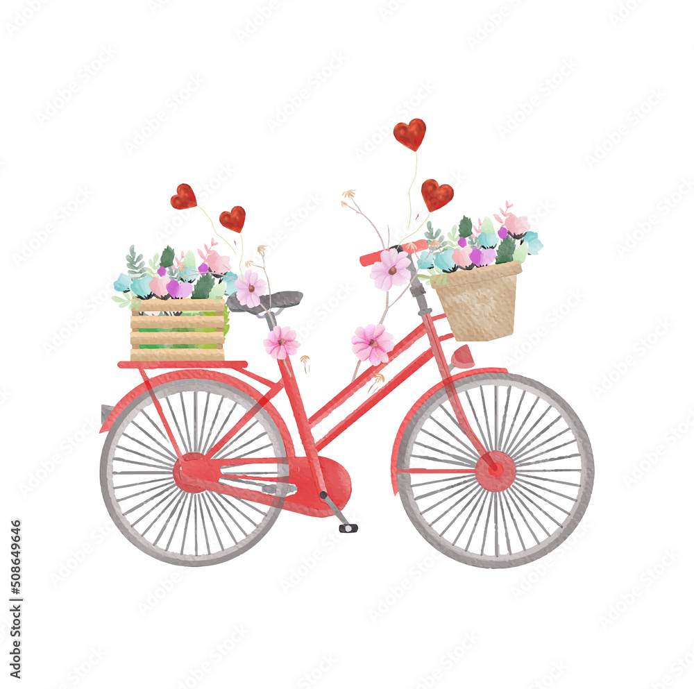 Pink set for Valentines day - bicycle with flowers, hearts, butterflies and text Love is in the air , floral frame with cherry, apple flowers . Watercolor for Valentine day