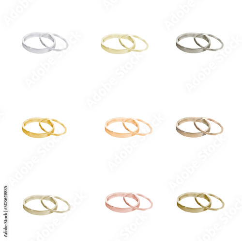 Golden set wedding rings. Watercolor illustration isolated on white background.
