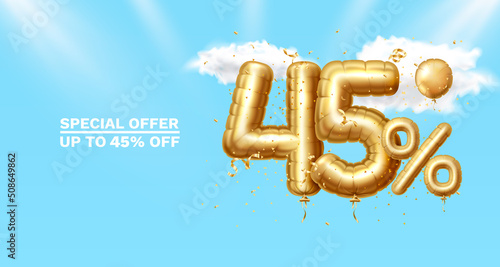 45 Off. Discount creative composition. 3d Golden sale symbol with decorative objects, golden confetti. Sale banner and poster. Vector