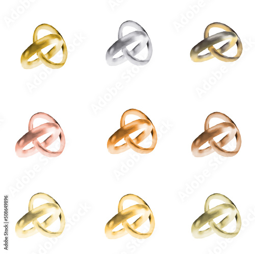 Golden set wedding rings. Watercolor illustration isolated on white background.